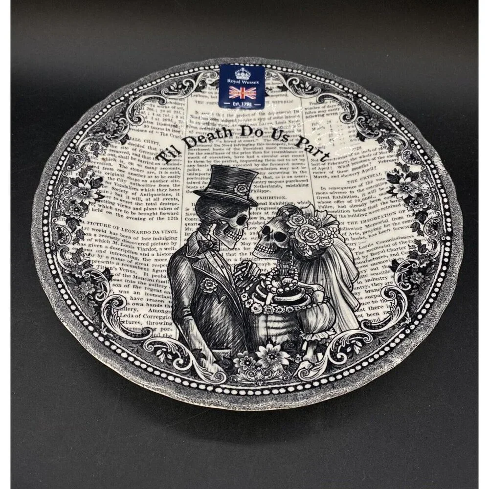 2 X Royal Wessex Halloween Skeleton Goth Wedding 8” Plate Til Death Do Us Part